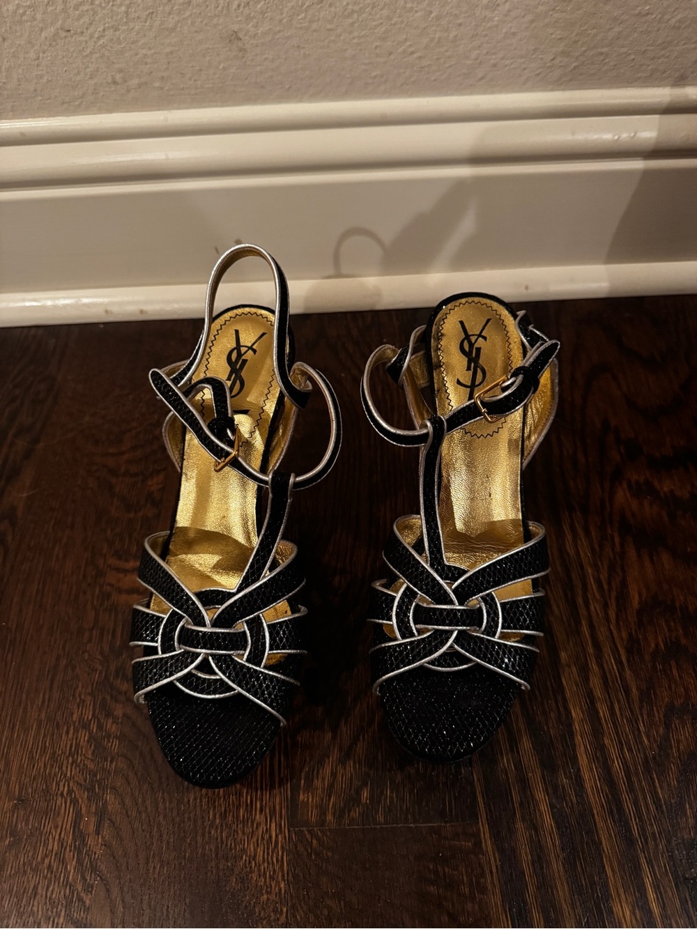 YSl ( Yves Saint Laurent ) Black and Gold shimmery Tribute Platform Heels
